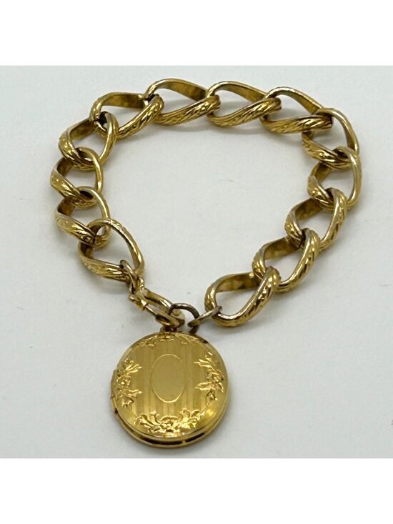 Estate Jewelry - Vintage Gold Locket Charm Bracelet Chunky Textured Curb Link Chain Estate Jewelr
